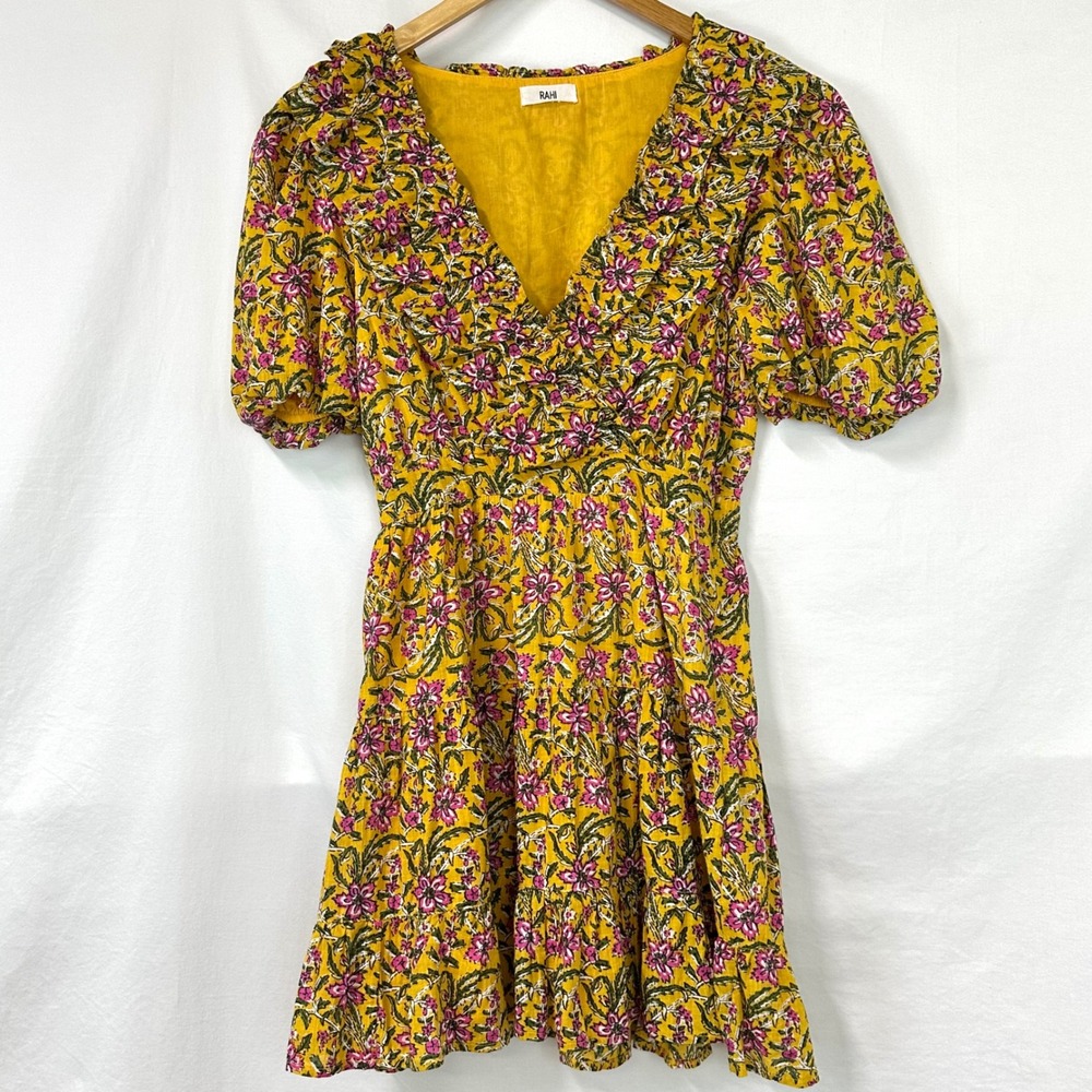 RAHI ANTHROPOLOGIE Yellow Floral Tiered Del Sole Chiara Dress XS Puff Sleeve